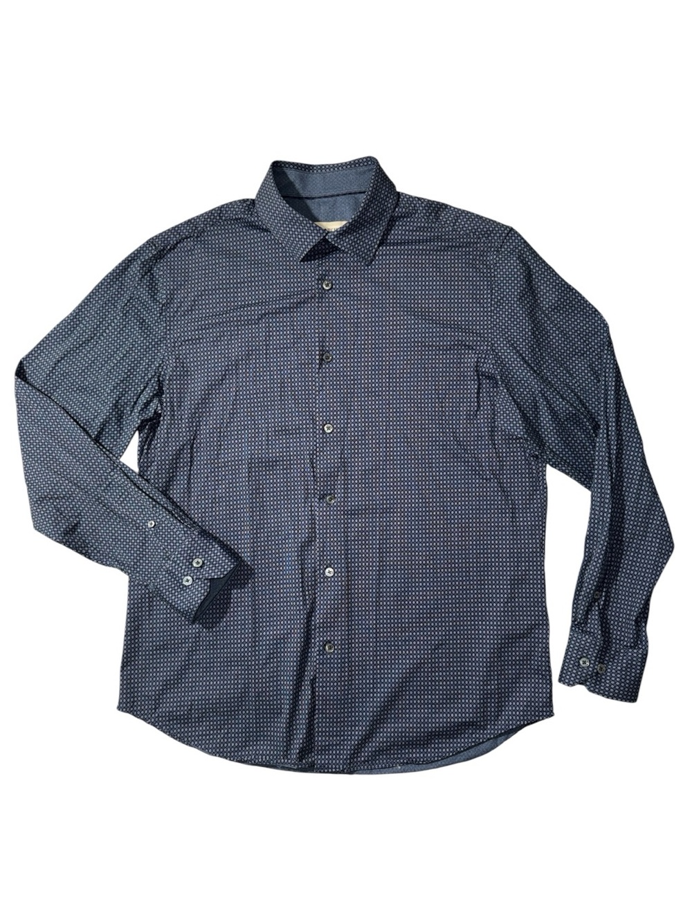 Bugatchi mens L Large navy blue geometric pattern 8 way stretch knit shirt EUC